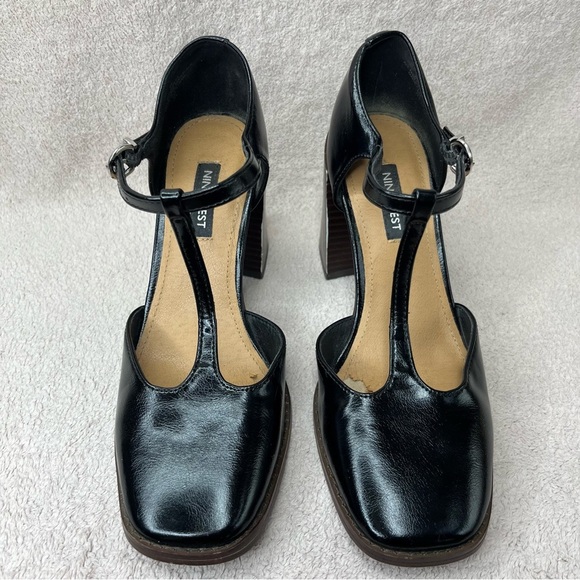 Nine West T-Strap Faux Leather Block Heels-Women’s 6-Black/Brown-Y2K-90s-Preppy - Picture 7 of 11
